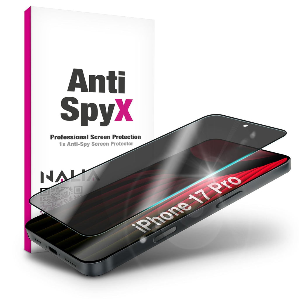 NALIA Privacy Schutzglas AntiSpyX für Apple iPhone 17 Pro (Diskreter Blickschutz) - Display Glas mit 9H Härte, Anti-Spy Sichtschutz, Kratzfest, Blasenfrei, Oleophob, Case-Friendly