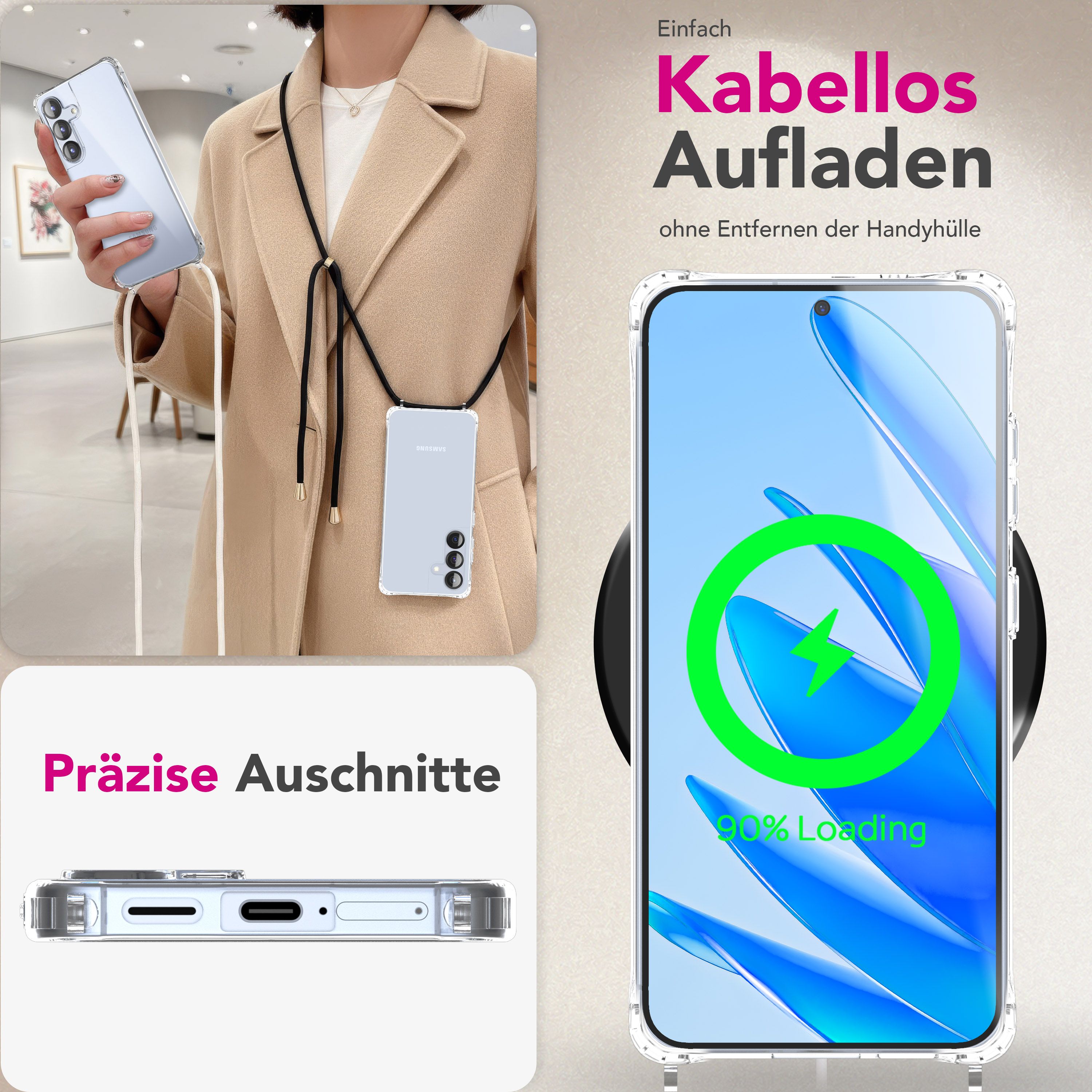 NALIA Hülle Hangit für Samsung Galaxy S25 FE (Umhängehülle) - Transparente Handyhülle mit Band, Kristallklar & Anti-Gelb, Verstellbare 160cm Handykette