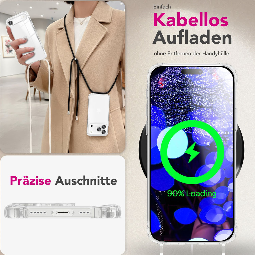 NALIA Hülle Hangit für Apple iPhone 17 (Umhängehülle) - Klare Handyhülle mit Band, Transparent & Anti-Gelb, Air-Cushion Ecken, Verstellbare 160cm Handykette