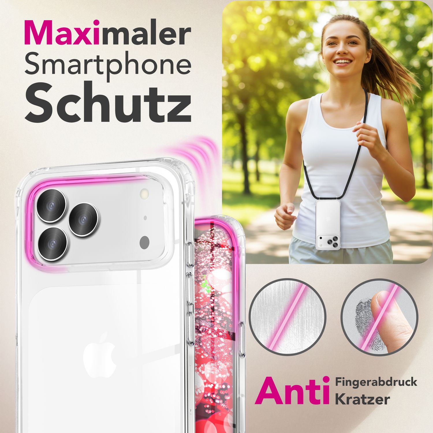 NALIA Hülle Hangit für Apple iPhone 17 Pro (Umhängehülle) - Klare Handyhülle mit verstellbarem Band, Durchsichtig & Anti-Gelb, Air-Cushion, 160cm Handykette