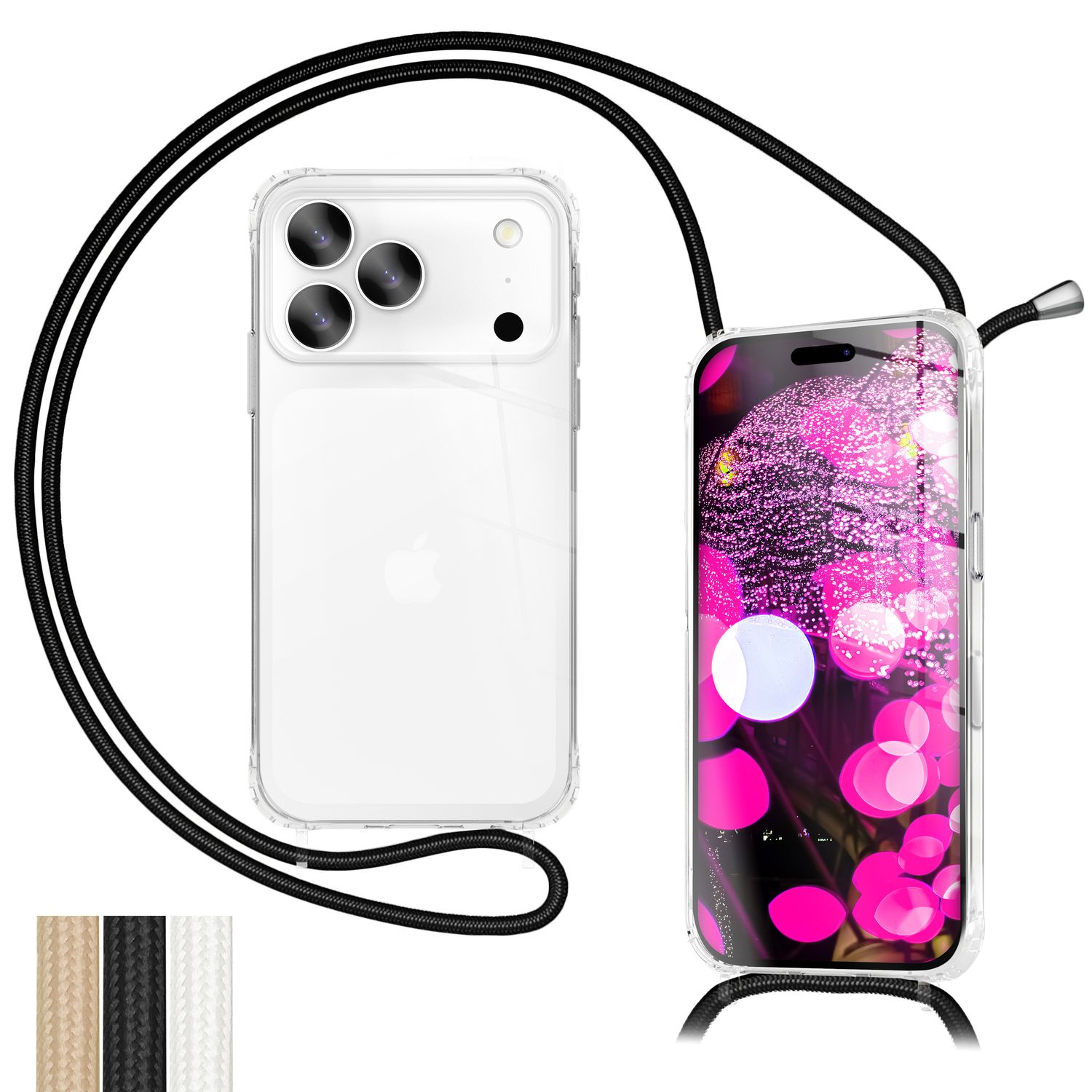 NALIA Hülle Hangit für Apple iPhone 17 Pro Max (Umhängehülle) - Kristallklares Cover mit Trage-Band, Stoßfest & Anti-Gelb, 160cm verstellbare Handykette