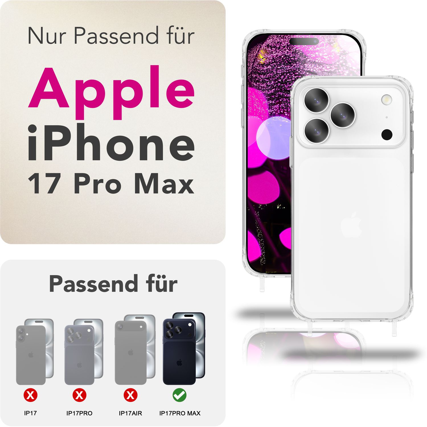 NALIA Hülle Hangit für Apple iPhone 17 Pro Max (Umhängehülle) - Kristallklares Cover mit Trage-Band, Stoßfest & Anti-Gelb, 160cm verstellbare Handykette