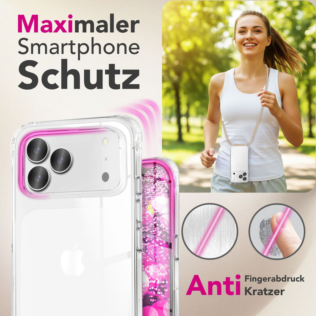 NALIA Hülle Hangit für Apple iPhone 17 Pro Max (Umhängehülle) - Kristallklares Cover mit Trage-Band, Stoßfest & Anti-Gelb, 160cm verstellbare Handykette