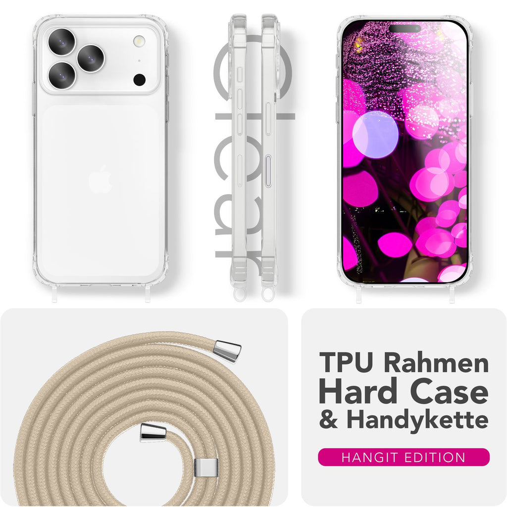 NALIA Hülle Hangit für Apple iPhone 17 Pro Max (Umhängehülle) - Kristallklares Cover mit Trage-Band, Stoßfest & Anti-Gelb, 160cm verstellbare Handykette