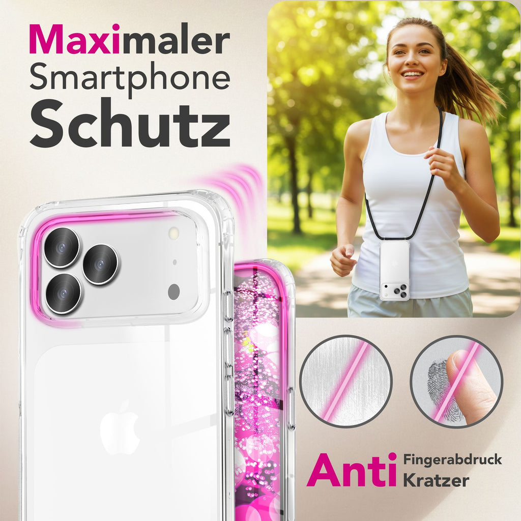 NALIA Hülle Hangit für Apple iPhone 17 Pro Max (Umhängehülle) - Kristallklares Cover mit Trage-Band, Stoßfest & Anti-Gelb, 160cm verstellbare Handykette