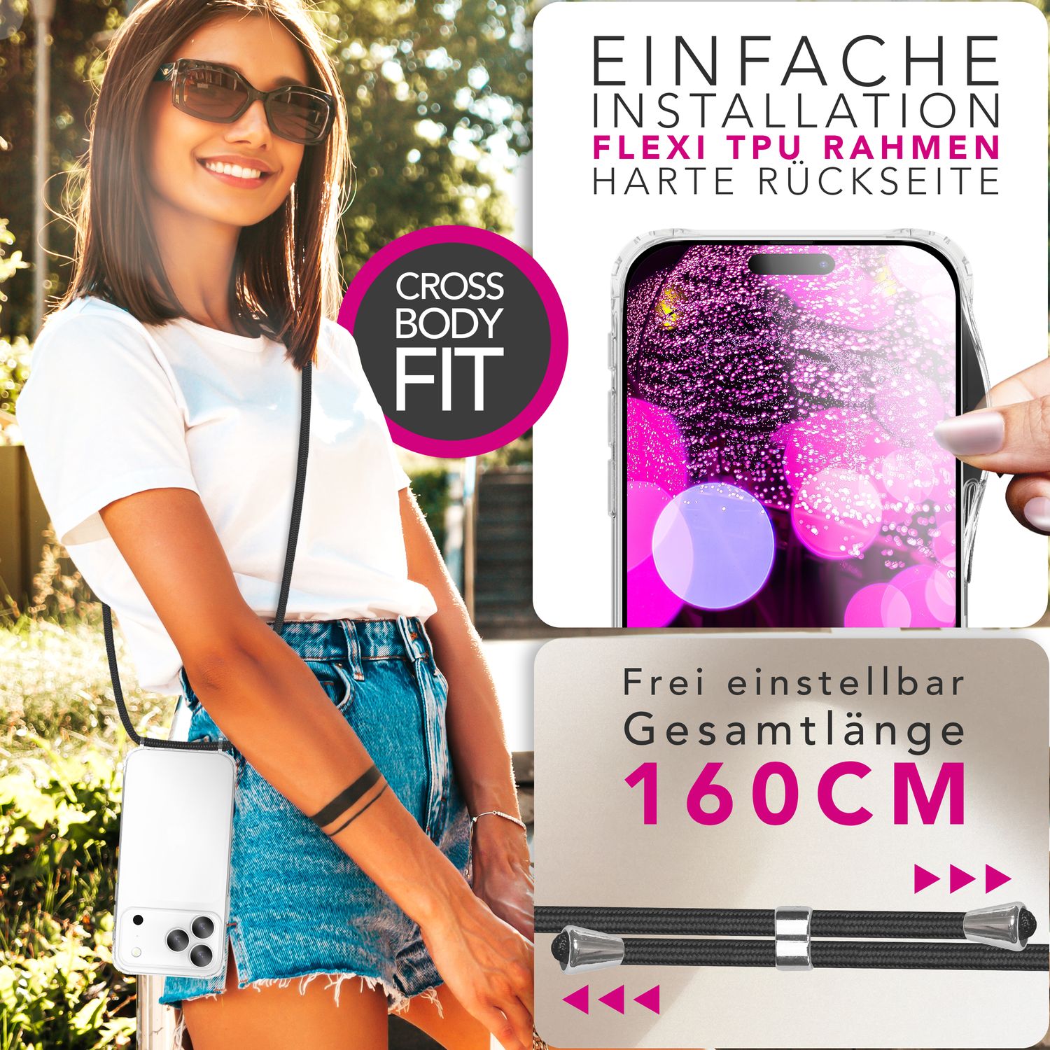 NALIA Hülle Hangit für Apple iPhone 17 Pro Max (Umhängehülle) - Kristallklares Cover mit Trage-Band, Stoßfest & Anti-Gelb, 160cm verstellbare Handykette