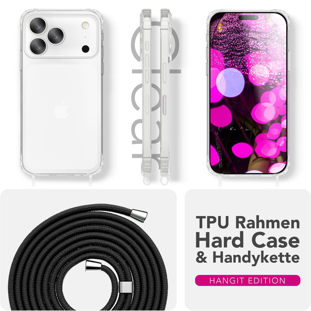NALIA Hülle Hangit für Apple iPhone 17 Pro Max (Umhängehülle) - Kristallklares Cover mit Trage-Band, Stoßfest & Anti-Gelb, 160cm verstellbare Handykette