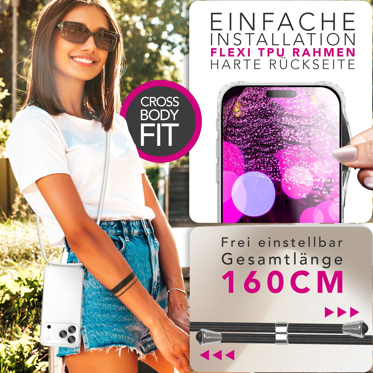 NALIA Hülle Hangit für Apple iPhone 17 Pro Max (Umhängehülle) - Kristallklares Cover mit Trage-Band, Stoßfest & Anti-Gelb, 160cm verstellbare Handykette