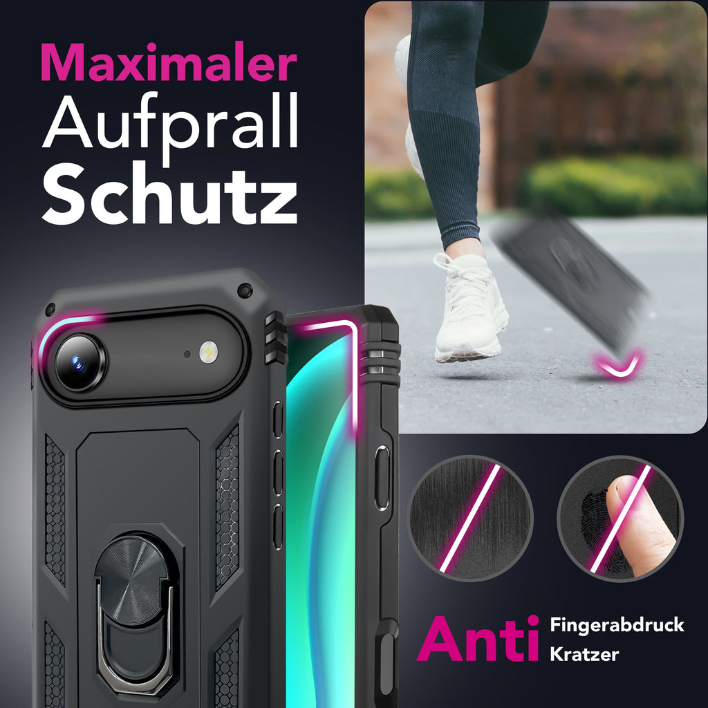 NALIA Hülle RingDefend für Apple iPhone 17 Air (Military-Grade Schutz) - Militär Panzerhülle mit 360° Dreh-Ring & Ständer, Schlagfest & Stoßsicher, Rutschfestes Hardcase - Schwarz