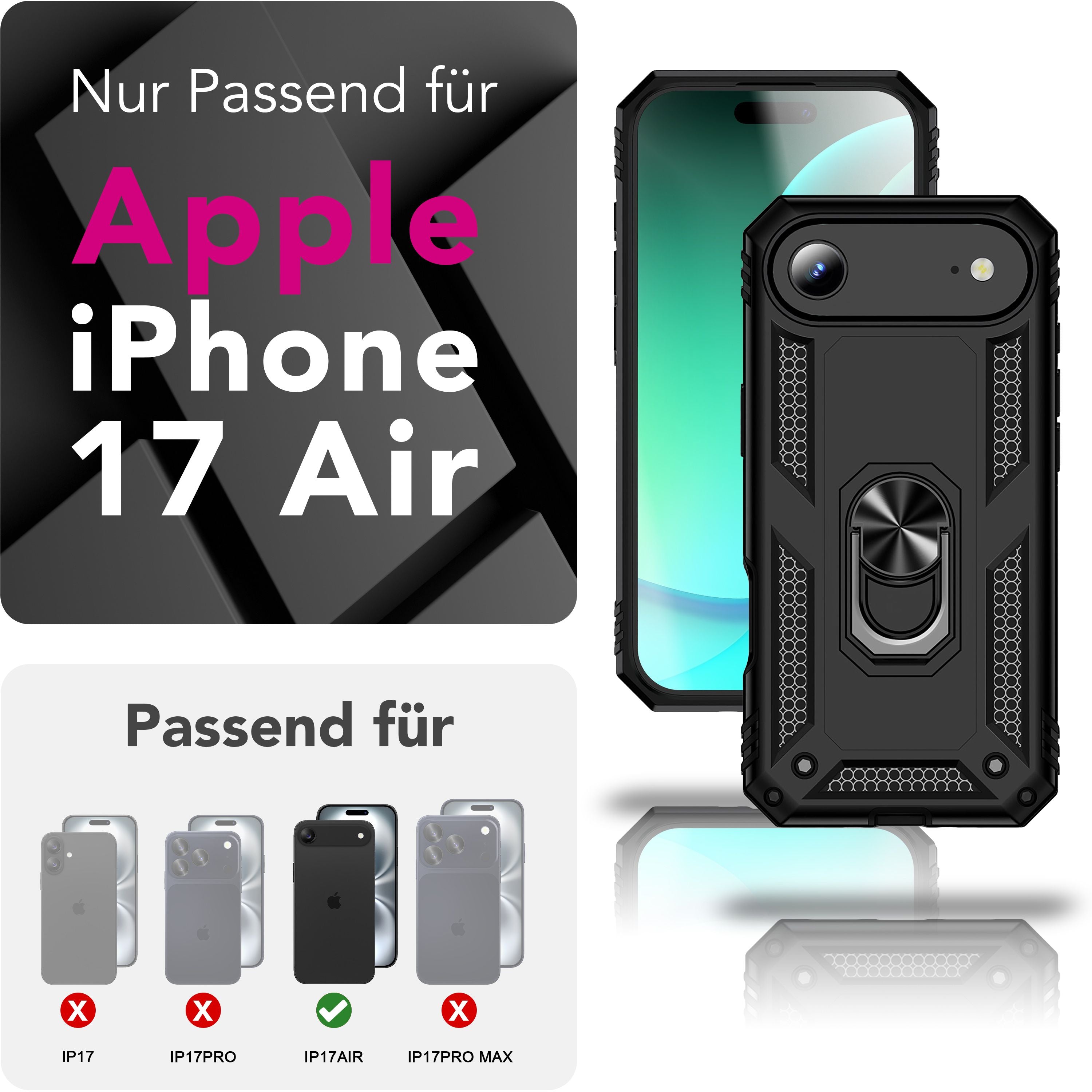 NALIA Hülle RingDefend für Apple iPhone 17 Air (Military-Grade Schutz) - Militär Panzerhülle mit 360° Dreh-Ring & Ständer, Schlagfest & Stoßsicher, Rutschfestes Hardcase - Schwarz