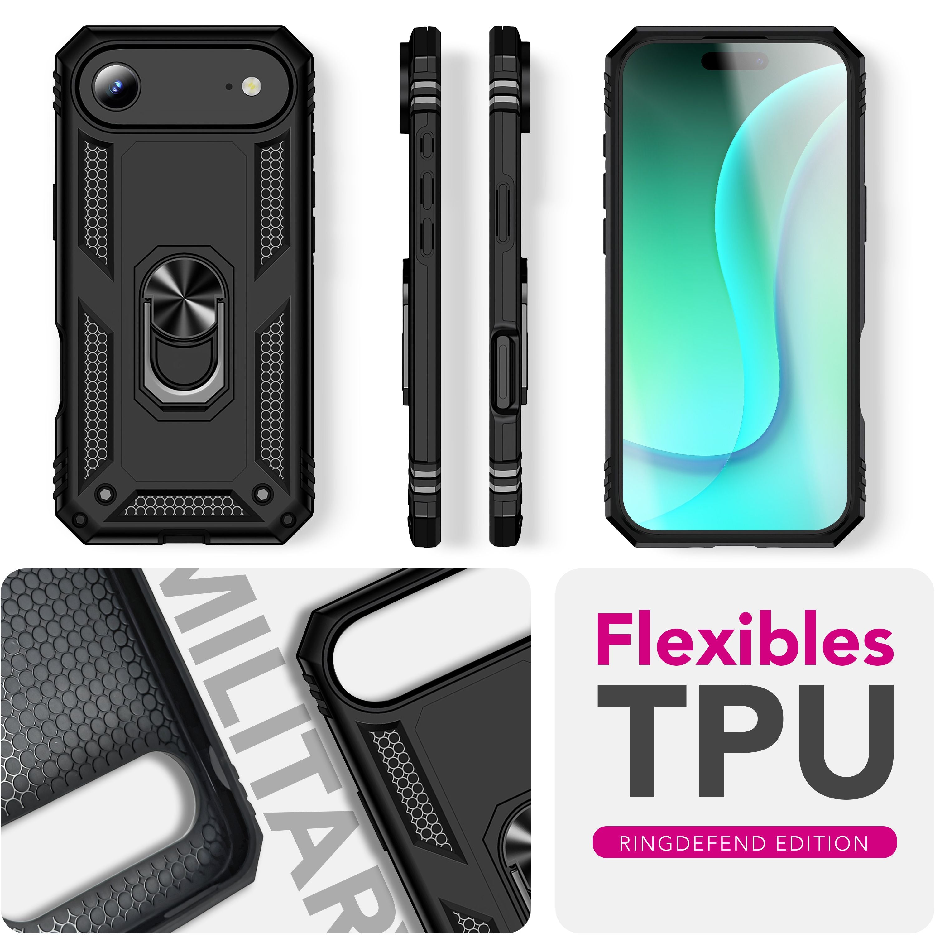 NALIA Hülle RingDefend für Apple iPhone 17 Air (Military-Grade Schutz) - Militär Panzerhülle mit 360° Dreh-Ring & Ständer, Schlagfest & Stoßsicher, Rutschfestes Hardcase - Schwarz