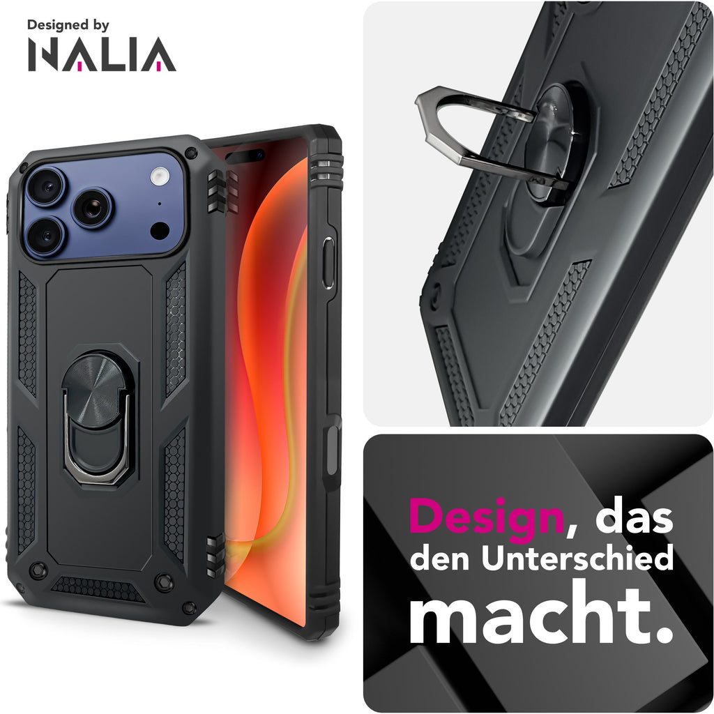 NALIA Hülle RingDefend für Apple iPhone 17 Pro (Military-Grade Schutz) - Armor Schutzhülle mit 360° Ring-Halter & Ständer, Stoßfest & Schlagresistent, Robustes Hardcase - Schwarz