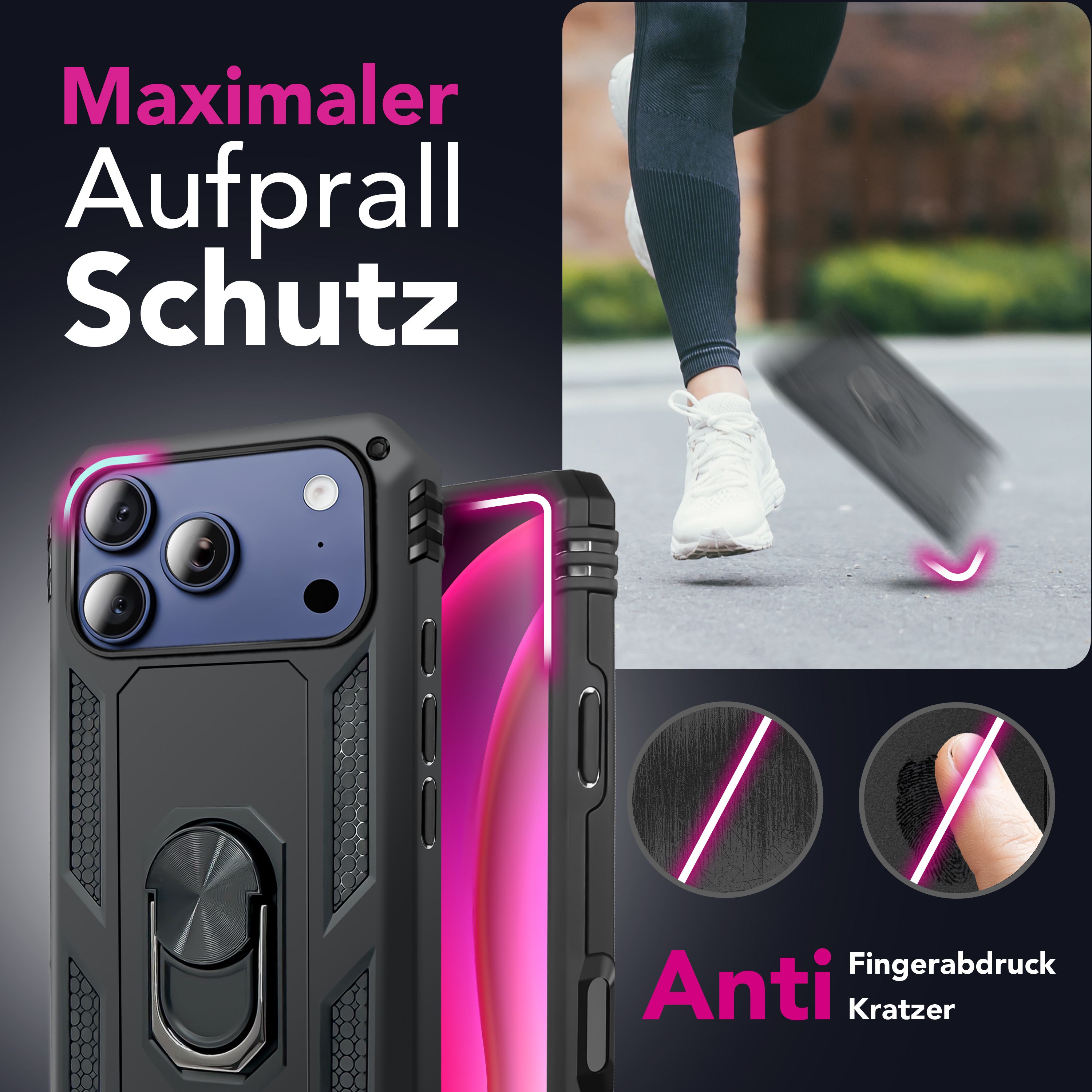 NALIA Hülle RingDefend für Apple iPhone 17 Pro Max (Military-Grade Schutz) - Armor Case mit 360° Dreh-Ring & Kickstand, Outdoor Schutzhülle, Schlagfest & Stoßabsorbierend - Schwarz