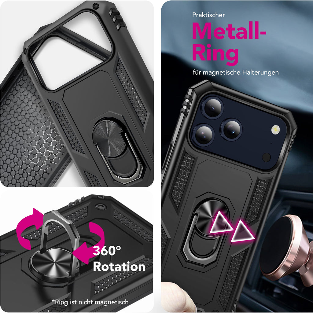 NALIA Hülle RingDefend für Apple iPhone 17 Pro Max (Military-Grade Schutz) - Armor Case mit 360° Dreh-Ring & Kickstand, Outdoor Schutzhülle, Schlagfest & Stoßabsorbierend - Schwarz