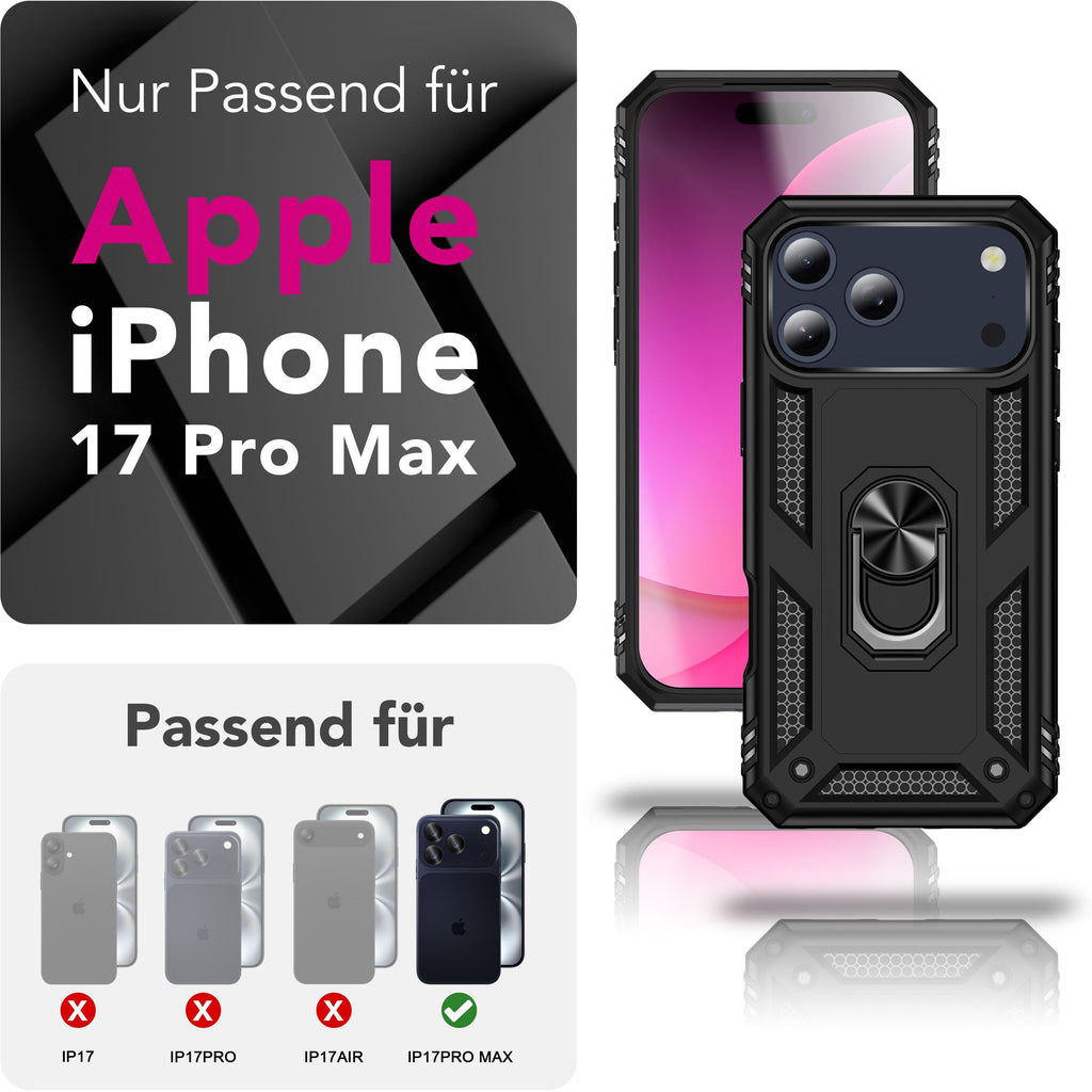 NALIA Hülle RingDefend für Apple iPhone 17 Pro Max (Military-Grade Schutz) - Armor Case mit 360° Dreh-Ring & Kickstand, Outdoor Schutzhülle, Schlagfest & Stoßabsorbierend - Schwarz