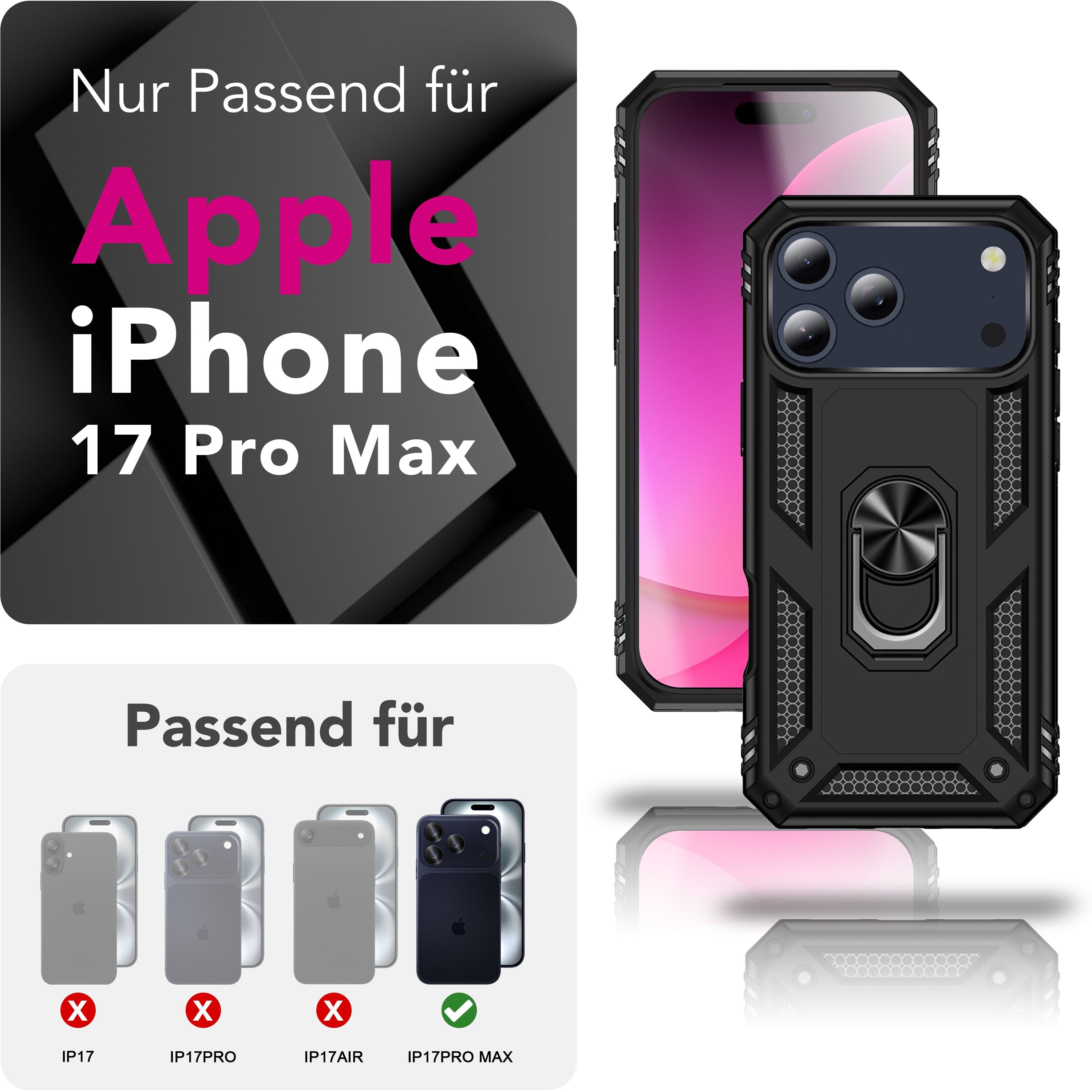 NALIA Hülle RingDefend für Apple iPhone 17 Pro Max (Military-Grade Schutz) - Armor Case mit 360° Dreh-Ring & Kickstand, Outdoor Schutzhülle, Schlagfest & Stoßabsorbierend - Schwarz