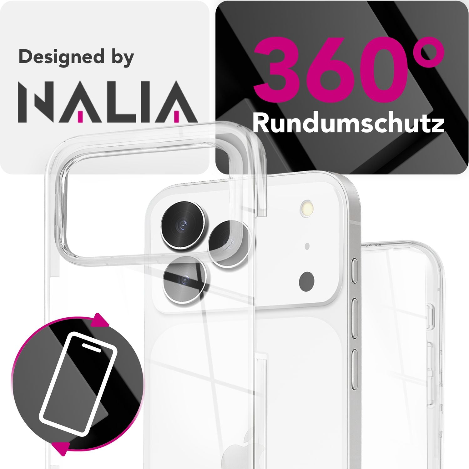 NALIA Hülle 360Guard für Apple iPhone 17 Pro (360° Rundumschutz) - Hochtransparente Handyhülle für Komplettschutz, Harte Rückschale & Frontfolie, Klar & Anti-Gelb, Touch-kompatibel