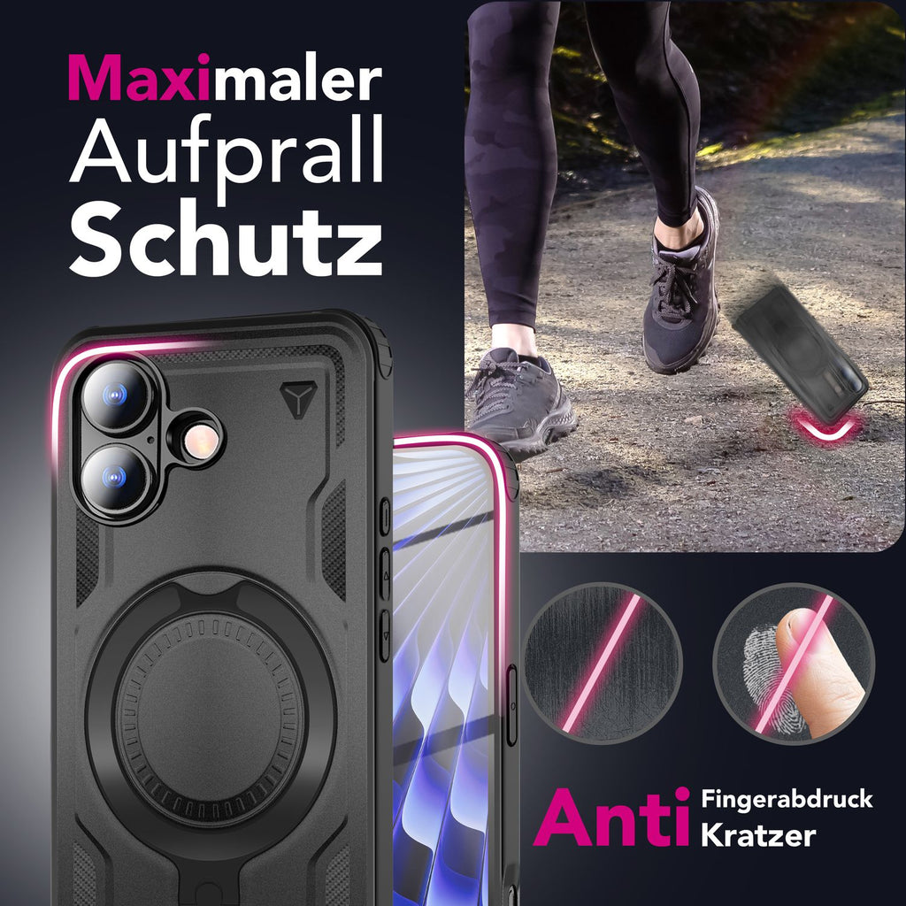 NALIA MagSafe Hülle Stormguard für Apple iPhone 17 (Unzerstörbare Panzerhülle) - Stoßfeste Outdoor Schutzhülle mit 360° Ring Ständer, Armor Case, Fallschutz Cover - Vulkanschwarz