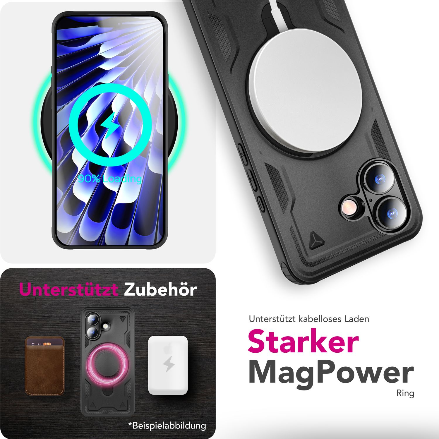 NALIA MagSafe Hülle Stormguard für Apple iPhone 17 (Unzerstörbare Panzerhülle) - Stoßfeste Outdoor Schutzhülle mit 360° Ring Ständer, Armor Case, Fallschutz Cover - Vulkanschwarz