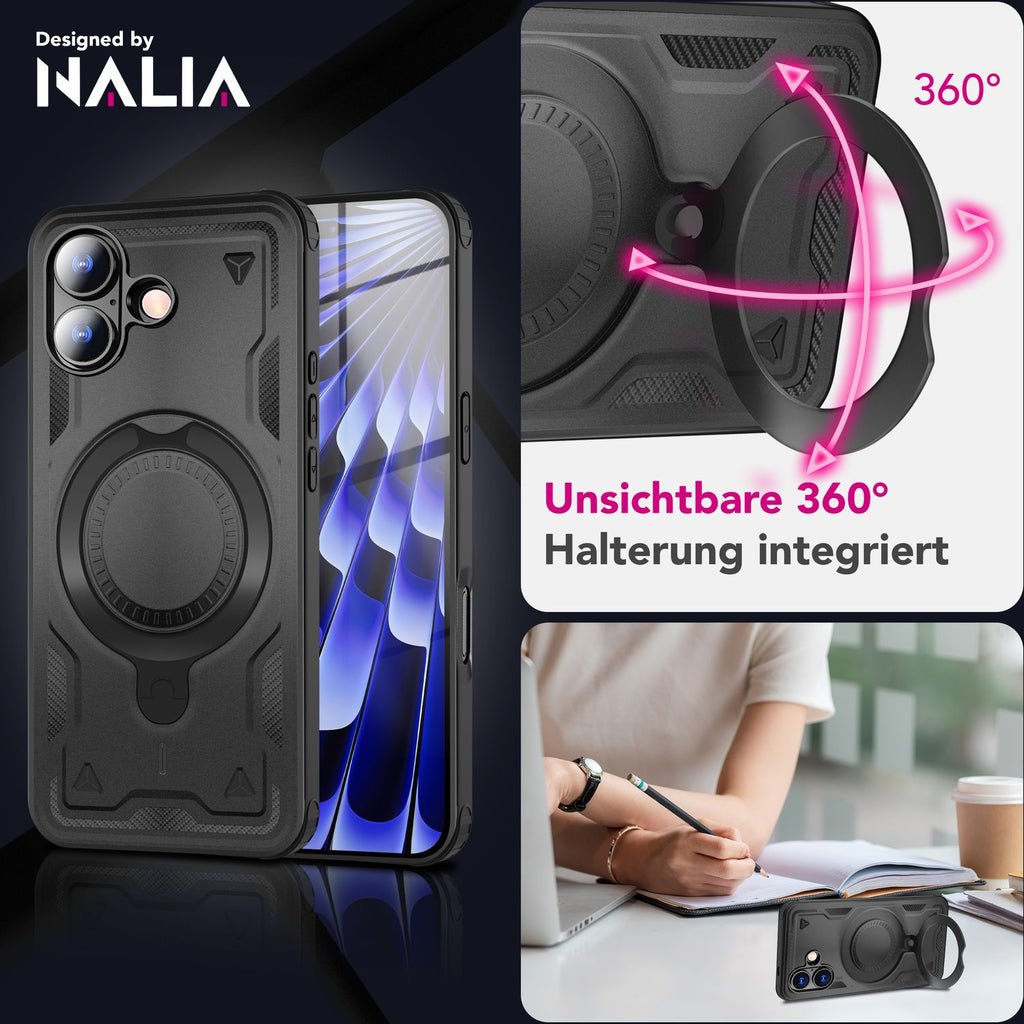 NALIA MagSafe Hülle Stormguard für Apple iPhone 17 (Unzerstörbare Panzerhülle) - Stoßfeste Outdoor Schutzhülle mit 360° Ring Ständer, Armor Case, Fallschutz Cover - Vulkanschwarz
