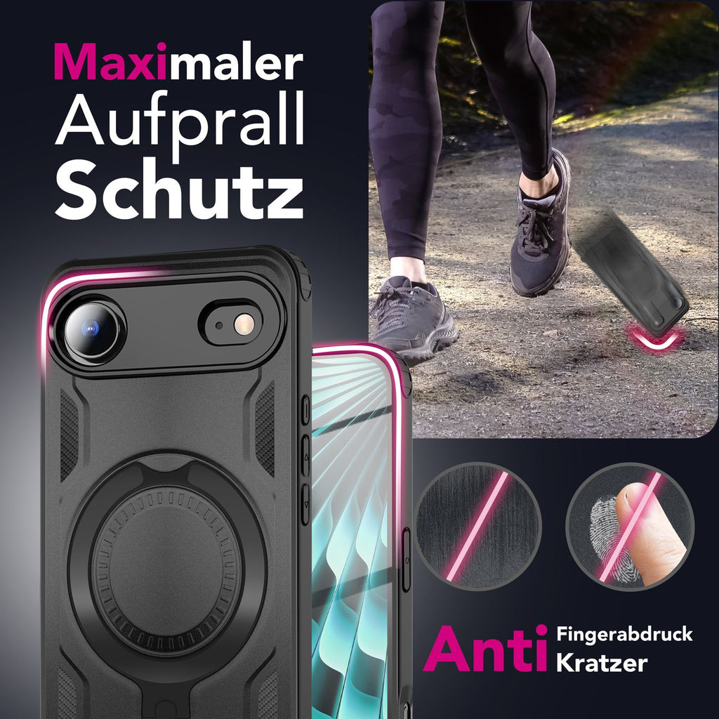 NALIA MagSafe Hülle Stormguard für Apple iPhone 17 Air (Unzerstörbare Panzerhülle), Schlagfester Aufprallschutz, Military Hardcase mit 360° Dreh-Ring, Outdoor Cover - Vulkanschwarz