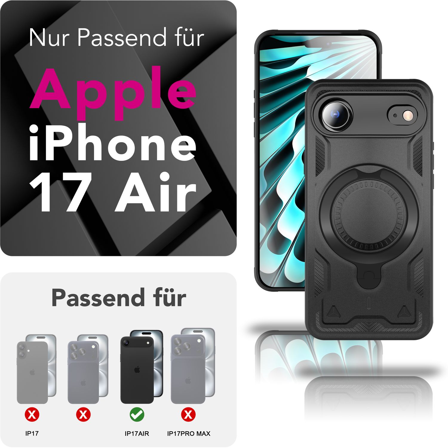 NALIA MagSafe Hülle Stormguard für Apple iPhone 17 Air (Unzerstörbare Panzerhülle), Schlagfester Aufprallschutz, Military Hardcase mit 360° Dreh-Ring, Outdoor Cover - Vulkanschwarz