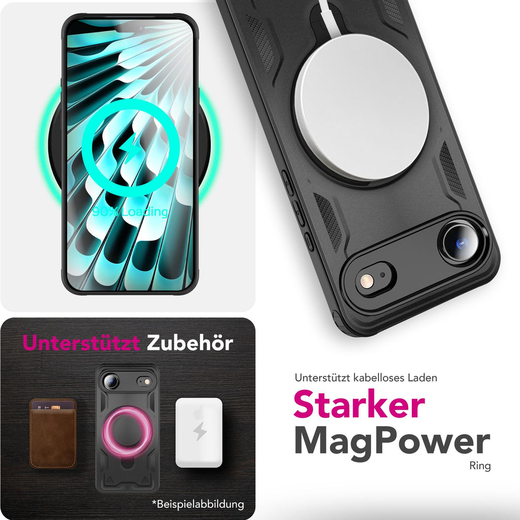 NALIA MagSafe Hülle Stormguard für Apple iPhone 17 Air (Unzerstörbare Panzerhülle), Schlagfester Aufprallschutz, Military Hardcase mit 360° Dreh-Ring, Outdoor Cover - Vulkanschwarz