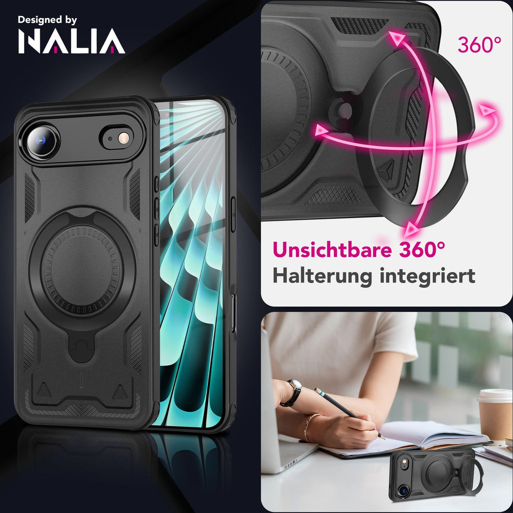NALIA MagSafe Hülle Stormguard für Apple iPhone 17 Air (Unzerstörbare Panzerhülle), Schlagfester Aufprallschutz, Military Hardcase mit 360° Dreh-Ring, Outdoor Cover - Vulkanschwarz