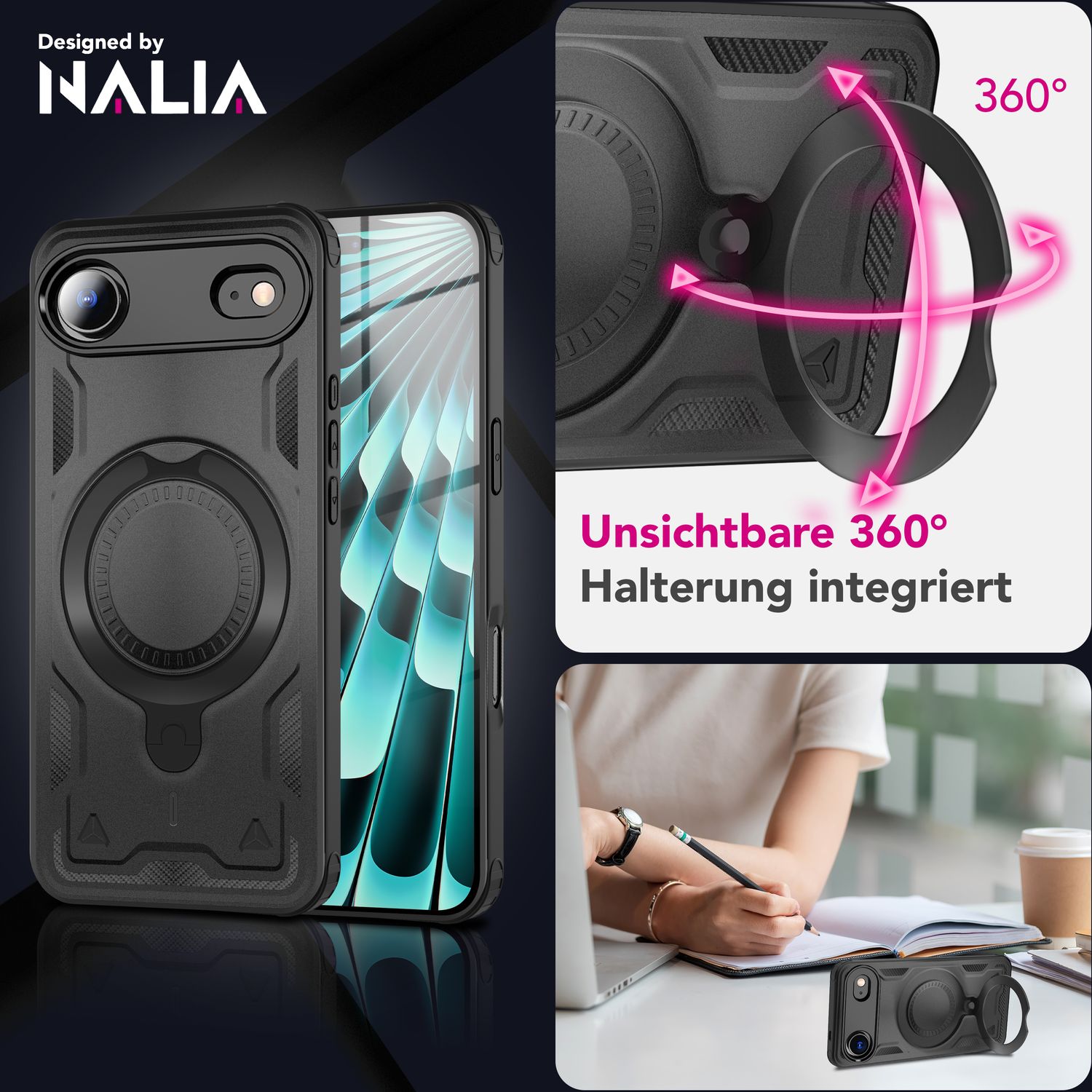 NALIA MagSafe Hülle Stormguard für Apple iPhone 17 Air (Unzerstörbare Panzerhülle), Schlagfester Aufprallschutz, Military Hardcase mit 360° Dreh-Ring, Outdoor Cover - Vulkanschwarz