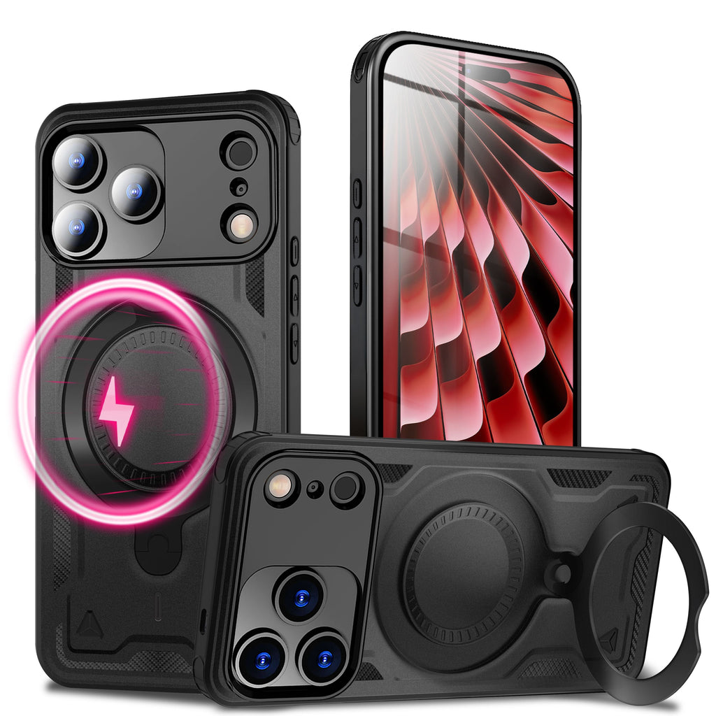 NALIA MagSafe Hülle Stormguard für Apple iPhone 17 Pro (Unzerstörbare Panzerhülle), Verstärkter Fallschutz, Militärisches Hardcase mit 360° Dreh-Ring, Armor Cover - Vulkanschwarz