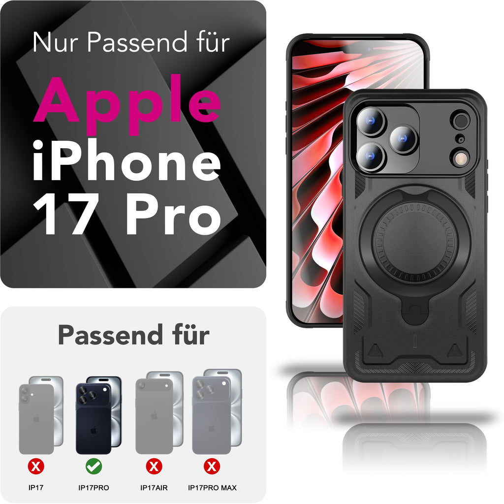 NALIA MagSafe Hülle Stormguard für Apple iPhone 17 Pro (Unzerstörbare Panzerhülle), Verstärkter Fallschutz, Militärisches Hardcase mit 360° Dreh-Ring, Armor Cover - Vulkanschwarz