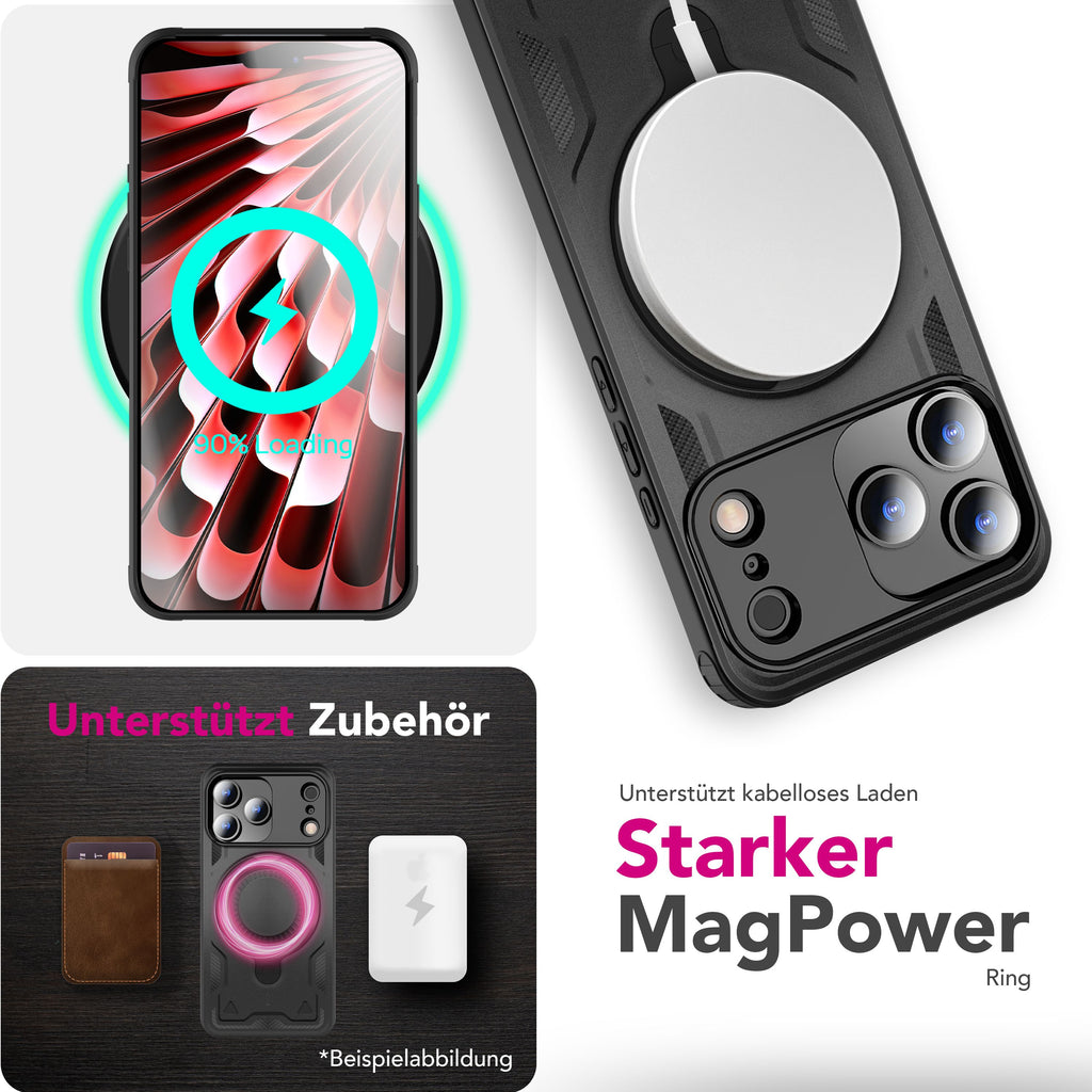 NALIA MagSafe Hülle Stormguard für Apple iPhone 17 Pro (Unzerstörbare Panzerhülle), Verstärkter Fallschutz, Militärisches Hardcase mit 360° Dreh-Ring, Armor Cover - Vulkanschwarz