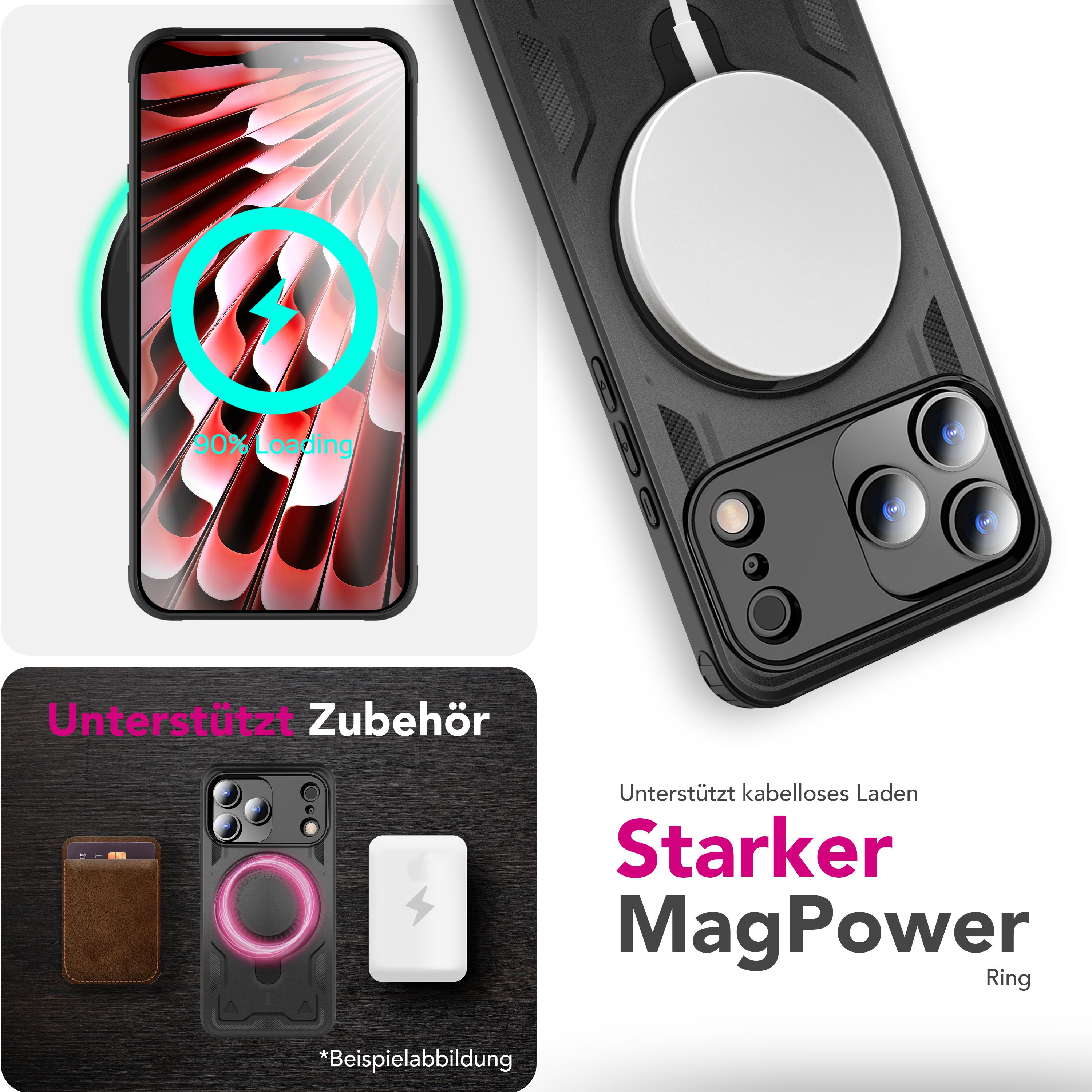 NALIA MagSafe Hülle Stormguard für Apple iPhone 17 Pro (Unzerstörbare Panzerhülle), Verstärkter Fallschutz, Militärisches Hardcase mit 360° Dreh-Ring, Armor Cover - Vulkanschwarz