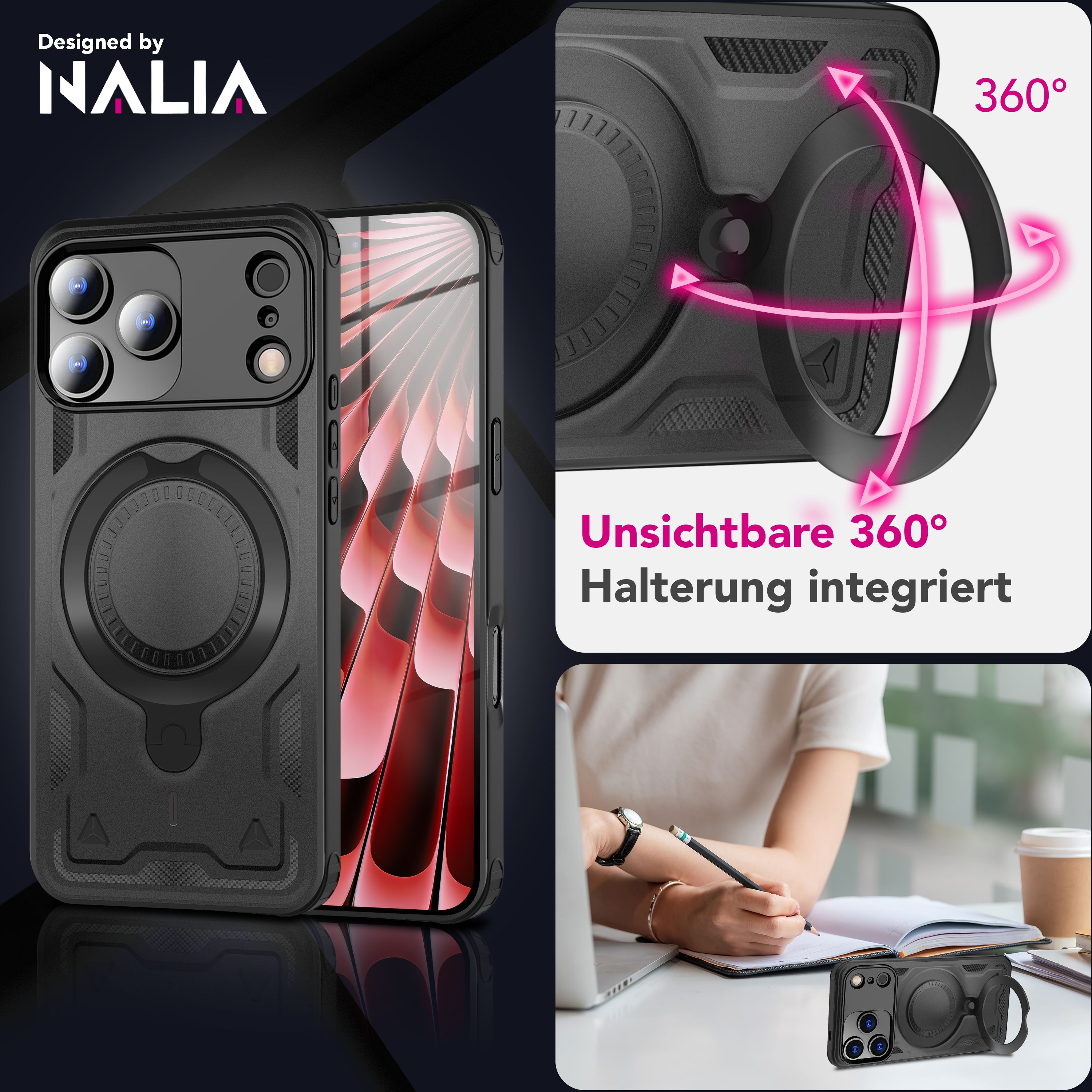 NALIA MagSafe Hülle Stormguard für Apple iPhone 17 Pro (Unzerstörbare Panzerhülle), Verstärkter Fallschutz, Militärisches Hardcase mit 360° Dreh-Ring, Armor Cover - Vulkanschwarz