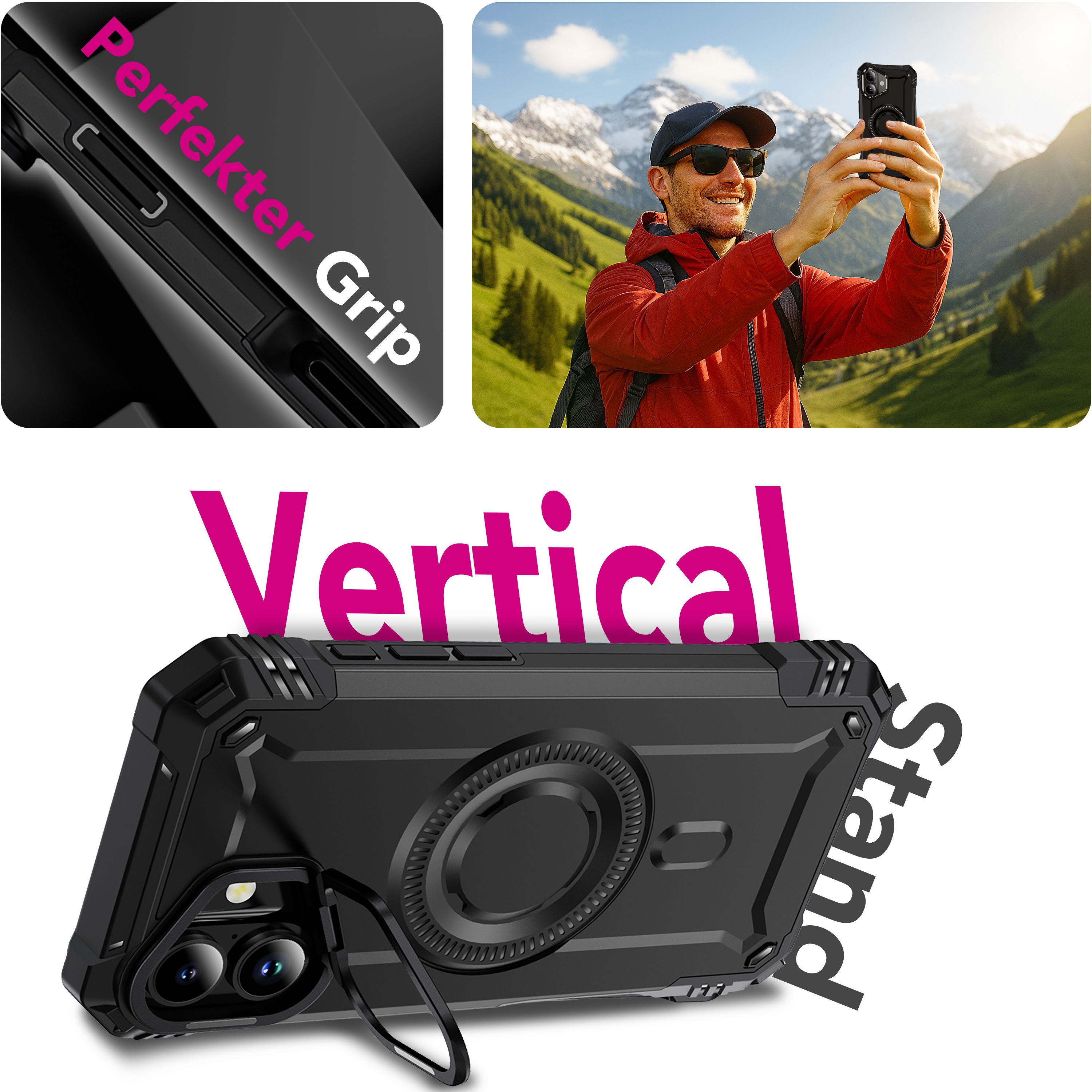 NALIA MagSafe Hülle Granite für Apple iPhone 17 (Militär-Panzer) - Stoßfestes Armor Case, Robuste Schutzhülle mit Kickstand, Heavy Duty Cover, Aufprallschutz - Vulkanschwarz