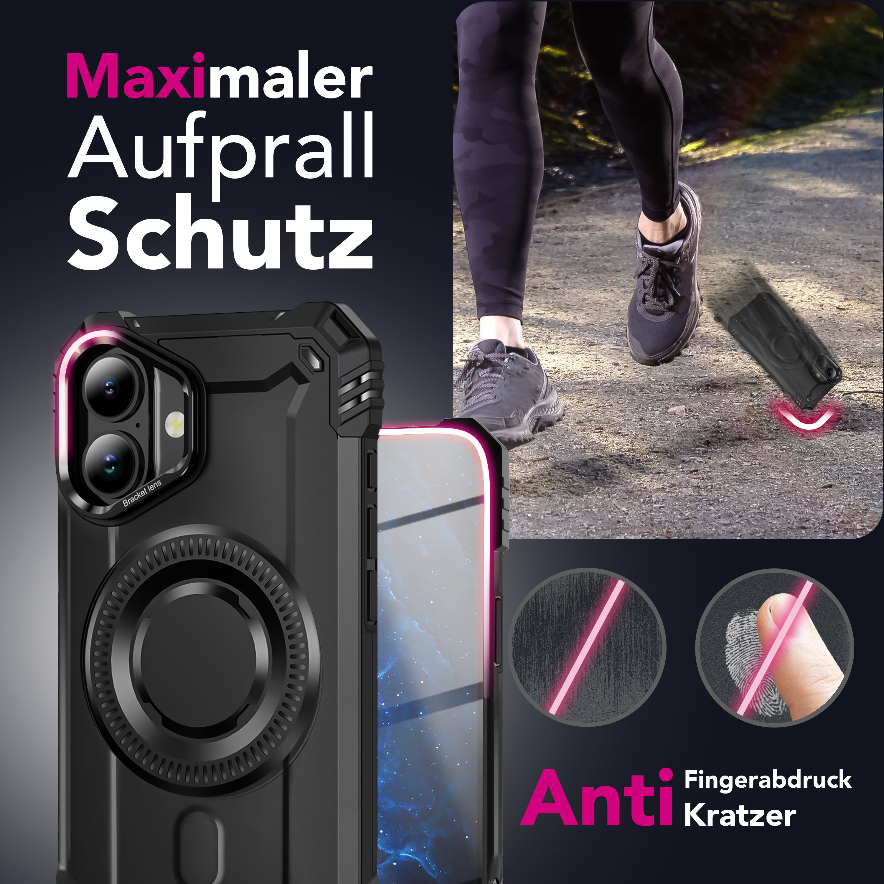 NALIA MagSafe Hülle Granite für Apple iPhone 17 (Militär-Panzer) - Stoßfestes Armor Case, Robuste Schutzhülle mit Kickstand, Heavy Duty Cover, Aufprallschutz - Vulkanschwarz