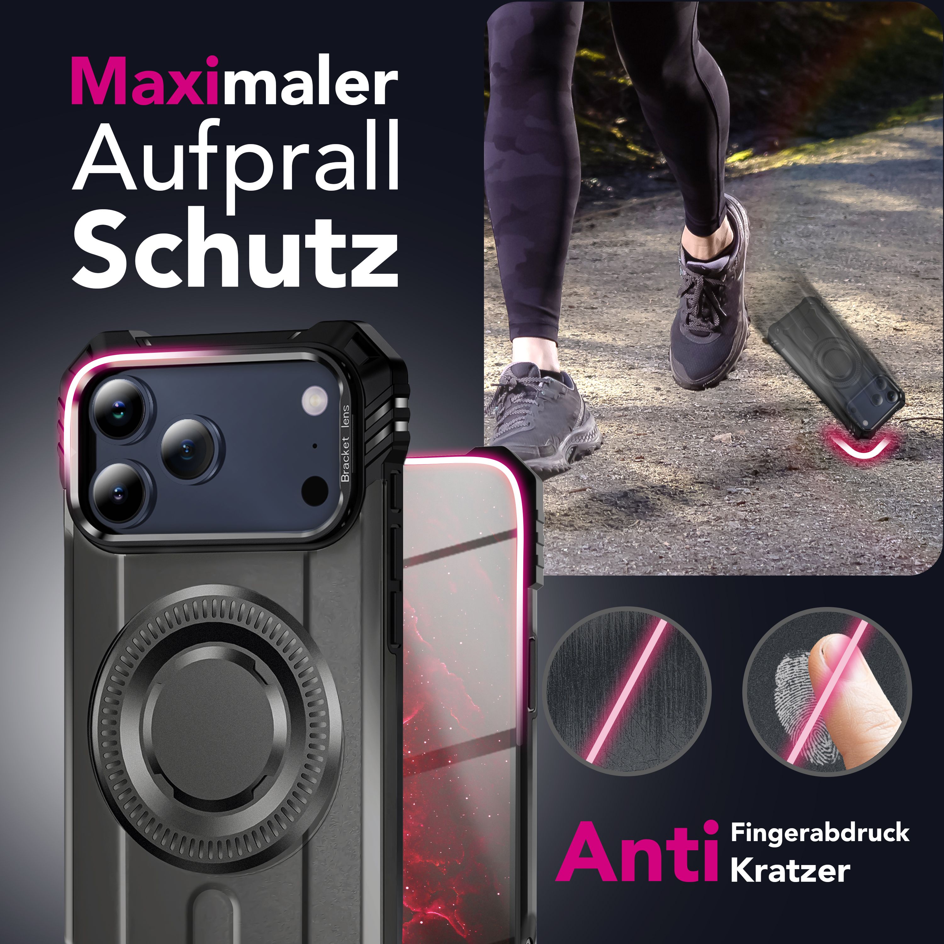 NALIA MagSafe Hülle Granite für Apple iPhone 17 Pro (Militär-Panzer) - Schlagfeste Handyhülle mit Kickstand, Rutschfestes Outdoor Armor Case, Fallschutz Cover